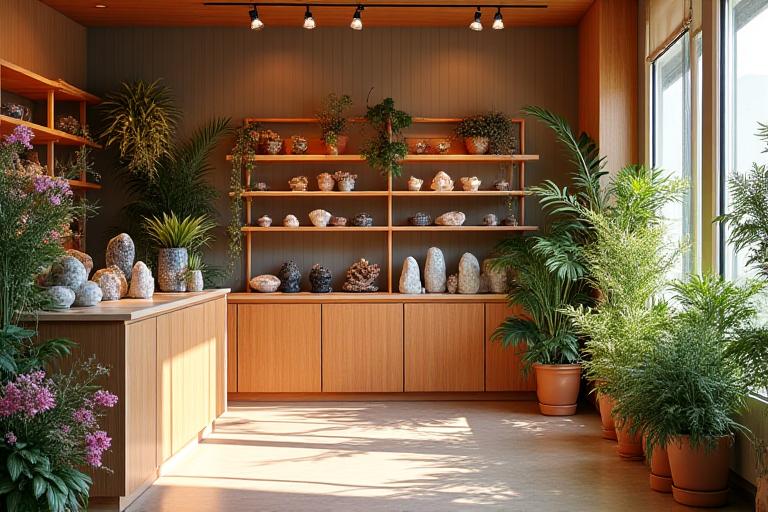 Interno del negozio Muschio e Quarzo con piante, fiori e decorazioni minerali.