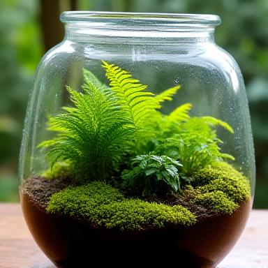 Terrario chiuso con felci e muschio.